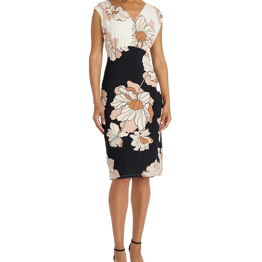Maggy London Tan and Black Midi Sheath Dress with Cap Sleeves